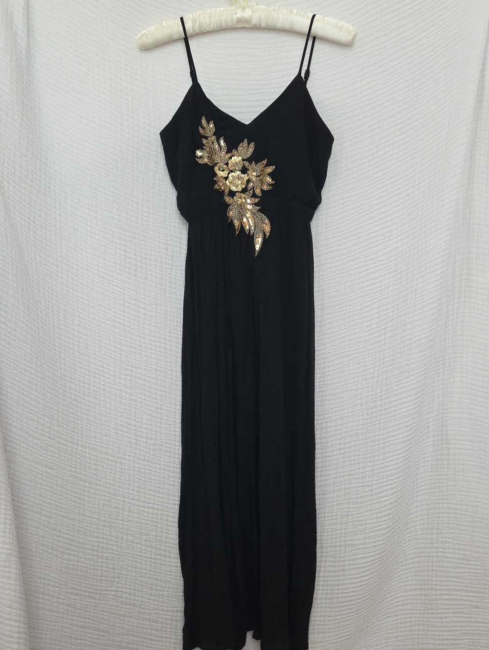 Gorgeous Black Semi Sheer Overlay Maxi Dress with  Gold Floral Appliqué - S